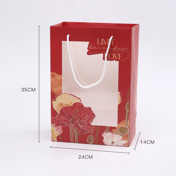Пакет подарочный для цветов с окошком 24*14*35см красный